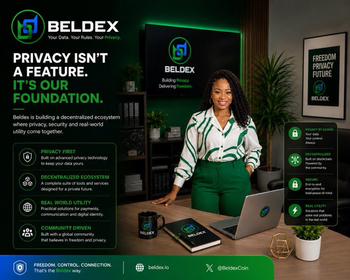 A promotional graphic for Beldex (BeldexCoin) features a woman standing at a desk in a modern office setting, with the bold tagline "PRIVACY ISN'T A FEATURE. IT'S OUR FOUNDATION" highlighting the platform's emphasis on decentralized privacy, security, and real-world utility, complemented by branding elements such as beldex.io and @BeldexCoin.
