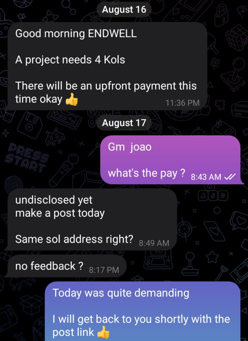 A text message conversation shows someone named ENDWELL messaging "joao" about a project needing 4 KOLs with an upfront payment, while joao asks about the pay and the poster eventually replies after no feedback, saying they'll send the post link shortly. The exchange aligns with the post's intent of recruiting interested KOLs for an undisclosed-pay project with upfront payment.