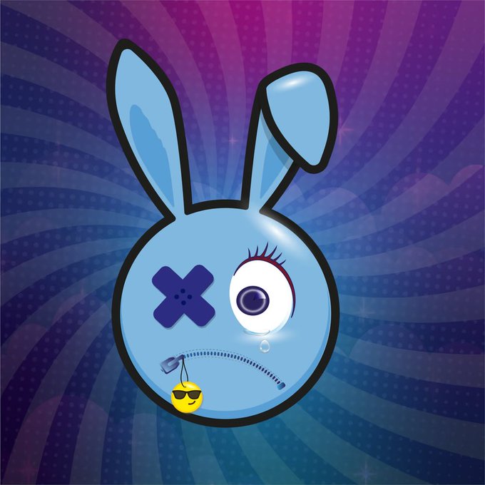 A blue bunny character with an X eye (winking), a teary eye, and a unzipped mouth with a sunglasses emoji emerging, set against a purple sunburst background—this whimsical "Sinday" greeting matches the playful "Gm freaks and frens" vibe with its quirky, surreal cartoon aesthetic.