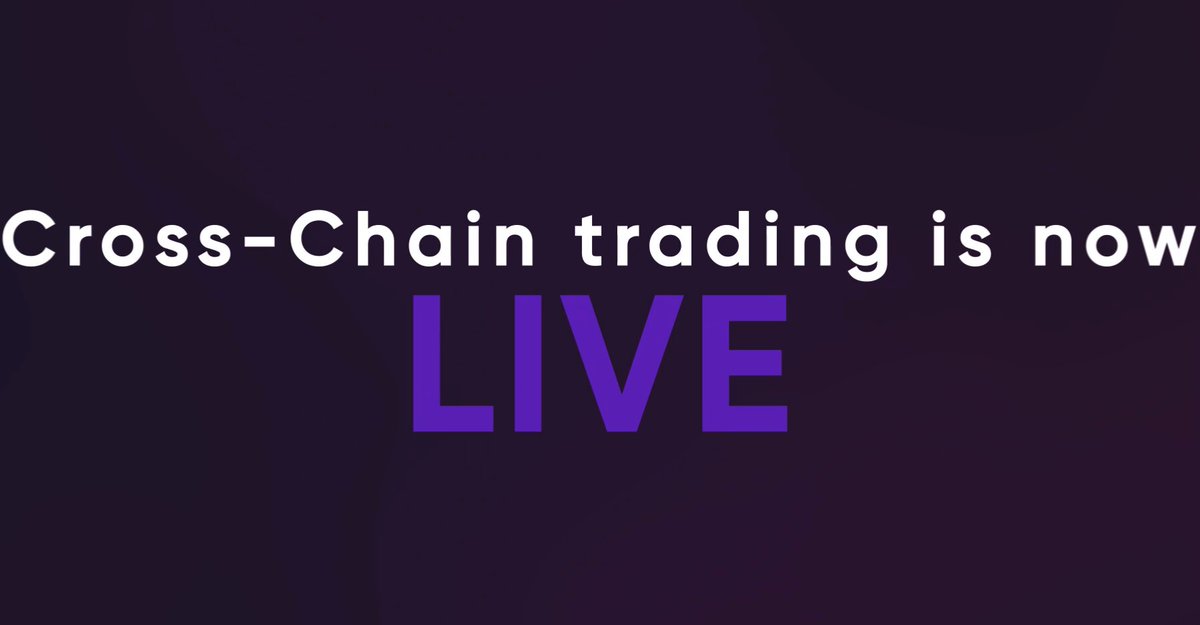 The image features a purple banner with white text that reads "Cross-Chain Trading is now Live" against a dark background. The words are written in a serif font, making them stand out clearly. The image also includes an image of a person's face and the phrase "Focus on what is in the image and how it relates to the post".