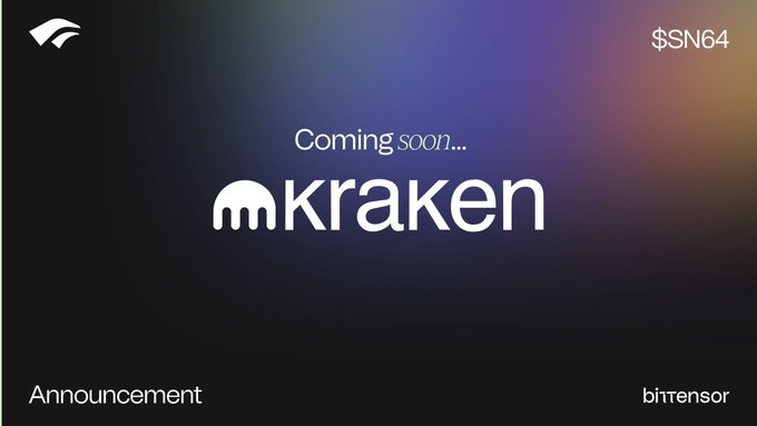 The image features the Kraken logo with "Coming soon..." text above it against a dark gradient background, announcing that the $SN64 token will be listed on the Kraken exchange, with "Announcement" and "bittensor" displayed in the bottom corners.
