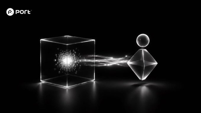 A dark digital illustration features a glowing white cube emitting a stream of particles that connect to a sphere and diamond shape, with the 'Port' logo in the top left corner.