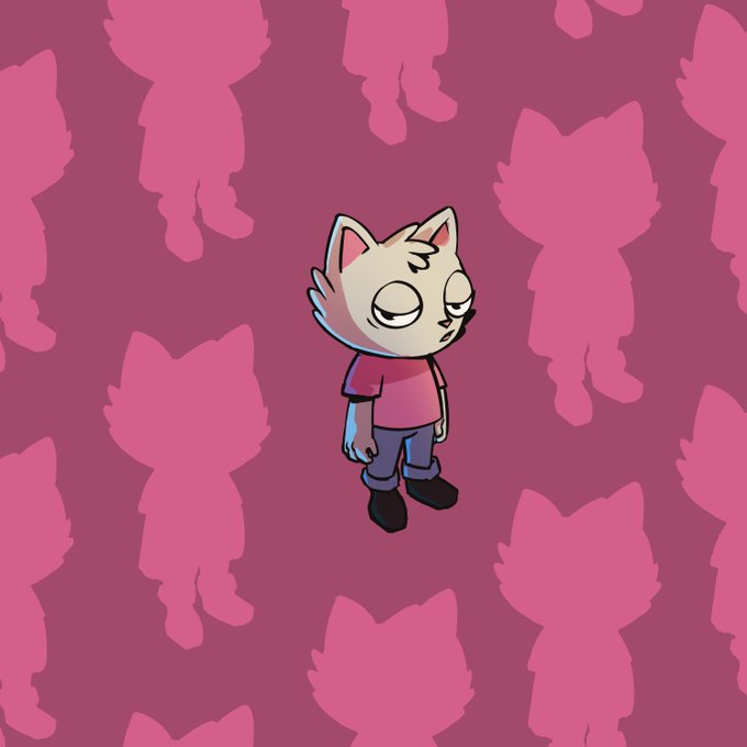 A cartoon illustration of a pale cat-like character with a tired expression wearing a pink shirt and dark pants, set against a background patterned with pink cat silhouettes on a magenta field.