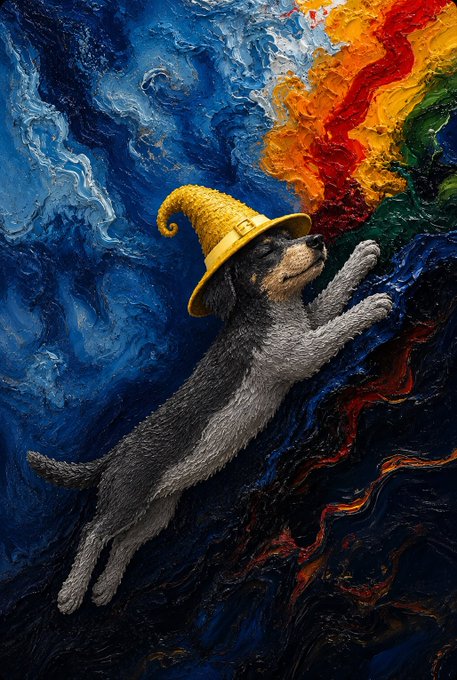 An artistic digital painting depicting a dog wearing a yellow wizard or gnome-like pointed hat, floating or leaping dramatically against a swirling Van Gogh-style background of blue and orange-red colors.