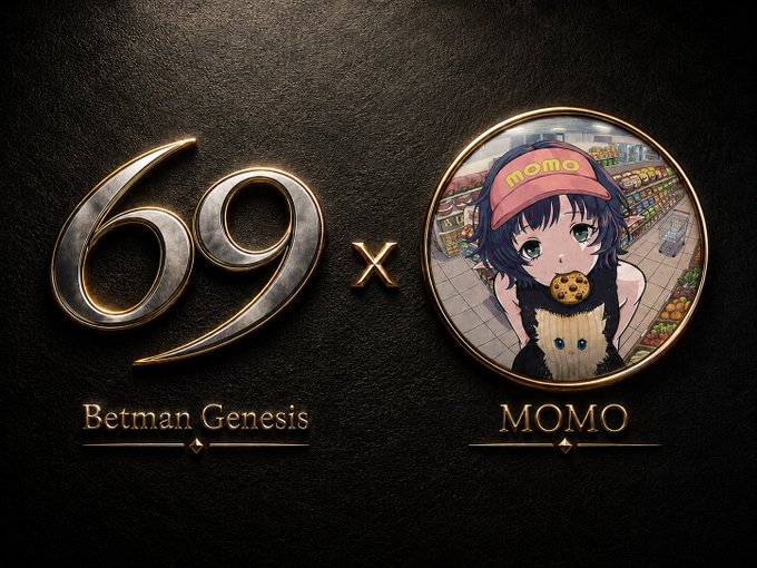 A graphic with the number 69 and an anime character labeled 'MOMO' with 'Betman Genesis' text on a dark background.