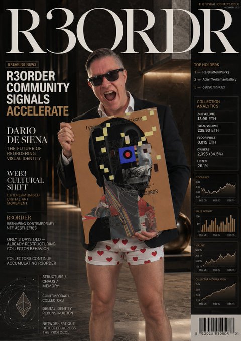 The image features a man with sunglasses standing next to an open magazine cover titled "R3ordr". The man is wearing swim trunks instead of regular clothing and is holding up the magazine, possibly showing off a picture or some information on its pages. There are also several other texts in the image that provide more context about the magazine content or the man's actions. Although the main focus seems to be on the man with shorts and sunglasses, his choice of swimwear adds an interesting element to the scene as it contrasts with the typical attire associated with reading or discussing the content of a magazine cover like "R3ordr".