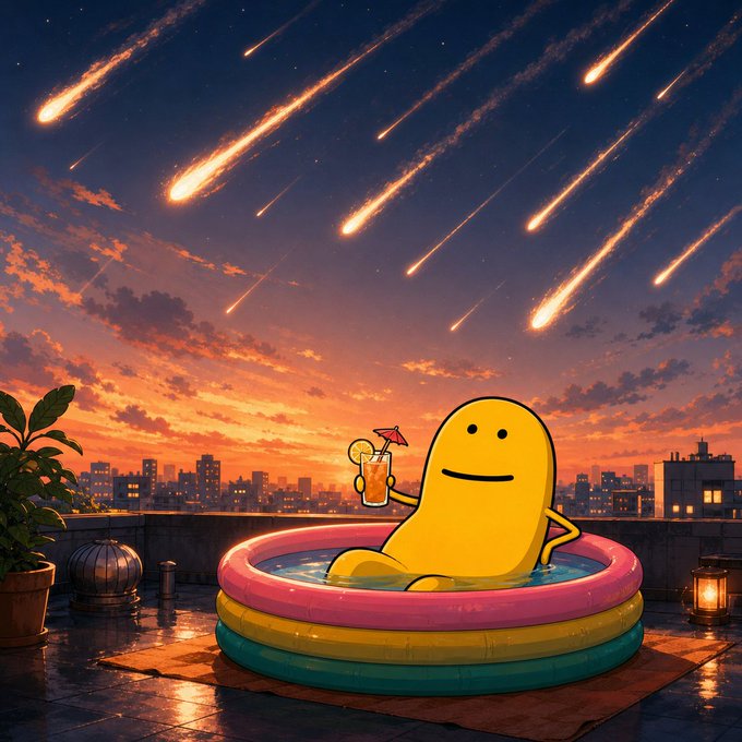 A cheerful yellow Flork character relaxes in a rainbow inflatable pool on a rooftop, sipping a cocktail as a dramatic meteor shower streaks across the sunset sky above the city skyline. The whimsical scene perfectly captures the meme's vibe of carefree leisure—$FLORK stays chill even as cosmic chaos lights up the heavens.