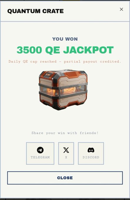 The image displays a dashboard of an online gaming platform, where a user has recently opened their Quantum Crate. The box, along with its reward, contains a virtual currency of 35000 QE. It seems to be an exciting opportunity for users to win real-world rewards within the game environment. The post about the Quantum Crate also highlights how the rewards can help in connecting with friends and building connections through shared experiences on the platform.