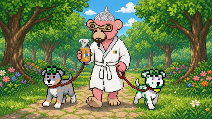 A pixel art illustration of a monkey wearing a tin foil hat, glasses, and a white bathrobe, holding a beer can and walking two pixel art dogs on leashes through a lush forest path.