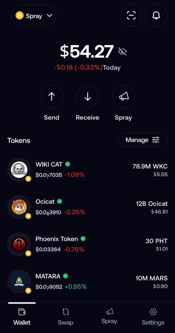 A mobile cryptocurrency wallet interface displaying a total balance of $54.27, down $0.18 (-0.33%) today, with holdings in WIKI CAT (78.9M WKC), Ocicat (12B Ocicat), Phoenix Token (30 PHT), and MATARA (10M MARS), featuring Send, Receive, and Spray functions at the bottom. The "Spray" branding and feature suggest this is a screenshot of the Spray wallet app being recommended in response to the user's question.
