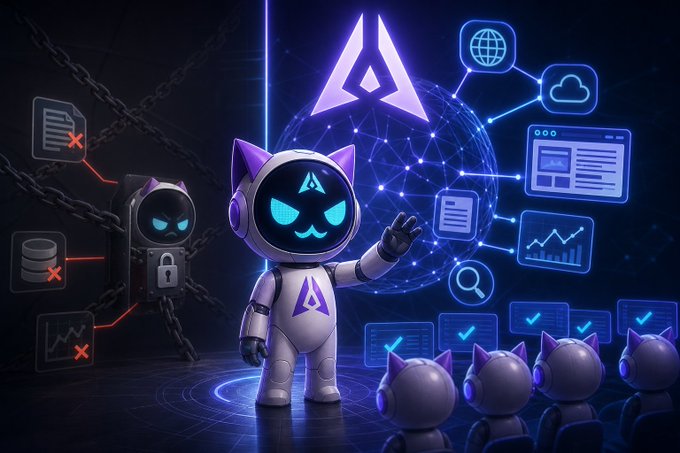 A futuristic AI-powered cat robot stands triumphantly amid a glowing network of cloud, data, and analytics interfaces, flanked by a locked, chained counterpart marked with red X's—visually contrasting constrained traditional smart contracts with the liberated, intelligent capabilities of GenLayer's contracts.