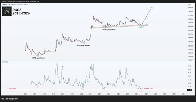 A TradingView chart of DOGE on the 1-week timeframe from 2013-2026, highlighting four historical cycle bottoms (2019, 2020, 2022, and 2026) with the RSI indicator below showing oversold conditions at all-time lows, supporting the post's claim that the current bottom represents the lowest level in Dogecoin's 13-year history and a historic buying opportunity.