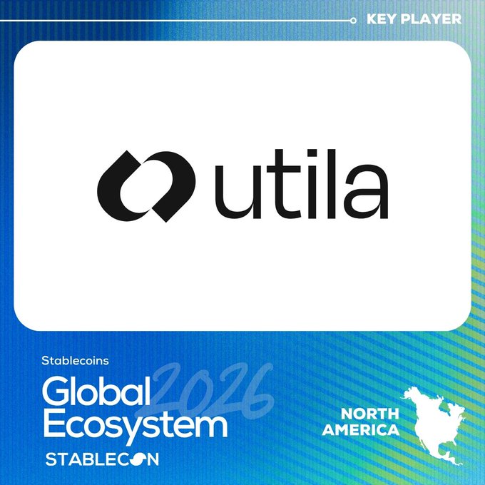 A graphic for 'utila' highlighting it as a 'KEY PLAYER' in the 'Global Ecosystem 2026' for Stablecoins in North America, with 'STABLECON' branding and a map of North America.