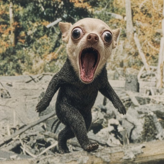 A wide-eyed, open-mouthed dark-furred animal, resembling a pine marten, stands on its hind legs with a shocked expression in a forest setting.