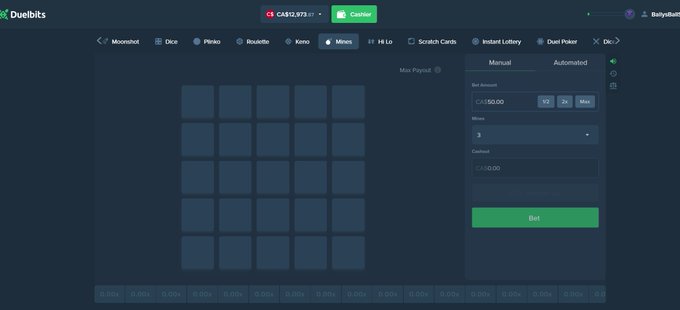 A screenshot of a Duelbits online casino interface showing a Mines game with a 5x5 grid and betting options on the right panel.