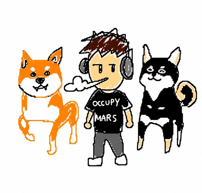 A childlike drawing shows a person wearing a black 'OCCUPY MARS' t-shirt and headphones, flanked by an orange dog on the left and a black dog on the right.