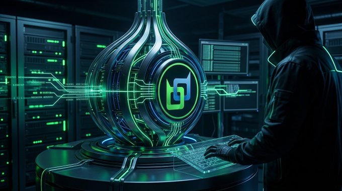 A digital illustration of a hooded figure typing on a keyboard in front of a futuristic glowing green server containing a large digital orb with a logo.