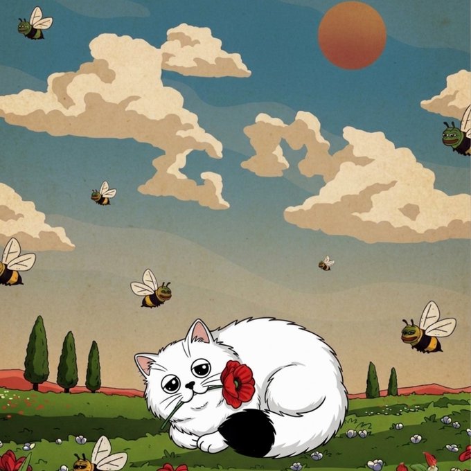 An illustration of a white cat holding a red flower in its mouth, surrounded by flying bees, with a sun and clouds in the sky and cypress trees in the background.