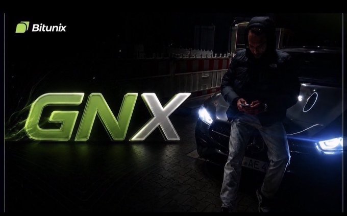 A hooded figure stands beside a sleek car at night, looking down at a phone, with large metallic "GNX" letters glowing on the left and the "Bitunix" logo in the top corner. The image visually reinforces the post's theme of crypto trading regrets, pairing a moody late-night vibe with Bitunix's branding to evoke the emotional weight of missed trading opportunities.