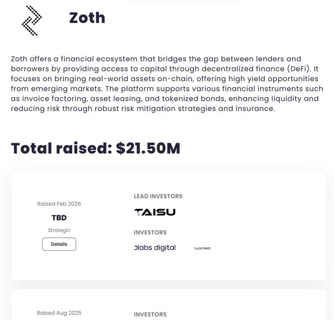 The image displays an email account for a financial platform named "zothdotio" with its user, @zothdotio, listed as the first name of the account holder. The email address provided is "@zothdotio". The content of the email reads: "Zoth offers a financial ecosystem that bridges the gap between lenders and borrowers, it ... offering access to capital through cryptocurrency backed by emerging markets. The platform allows users to invest in various finance instruments such as loans, equity, derivatives, and bonds supported by blockchain technology which creates tokens that can be bought and sold on exchanges."

The email also mentions that @zothdotio is raising $21.5 million in funding from investors through a cryptocurrency exchange. This information implies the financial platform's potential for growth and returns on investment. The content of the image seems unrelated to this post, as it merely showcases an email account or profile associated with the website named "zothdotio".