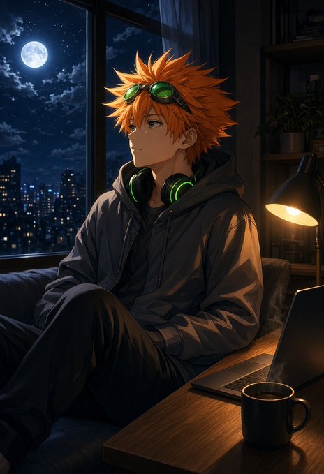 An anime-style illustration of an orange-haired character with goggles and headphones sitting by a window at night, gazing at a full moon over a city skyline, with a laptop and coffee mug on a desk.