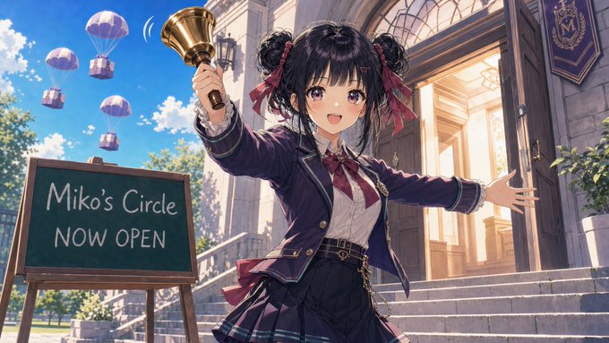 An anime-style illustration of a cheerful schoolgirl with dark twin-tails ringing a bell in front of a sign reading 'Miko's Circle NOW OPEN'.