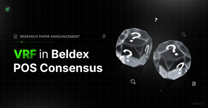 Announcement graphic reading 'RESEARCH PAPER ANNOUNCEMENT: VRF in Beldex POS Consensus' featuring two translucent dice with question marks.