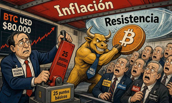 A satirical illustration titled 'Inflación' (Inflation) showing a bull labeled 'WALL STREET' holding a Bitcoin coin labeled 'Resistencia' (Resistance), while a Federal Reserve figure cuts interest rates (25 puntos básicos) with BTC USD reaching $80,000, as onlookers from Goldman Sachs, JPMorgan, BofA, and Morgan Stanley watch in shock.