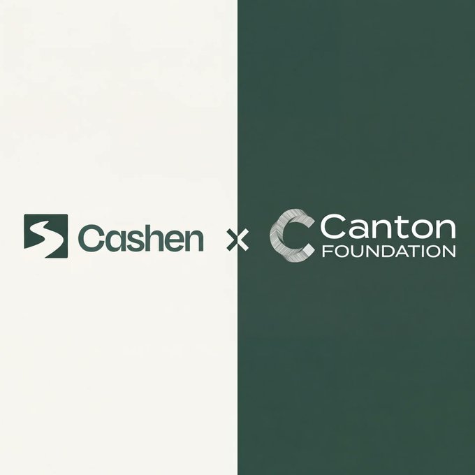 The image features two logos side-by-side against a green background. The first logo is white with black text, while the second logo is green with white text. Both logos are related to the Canton Foundation for Education (CantonFdn), which is now a member of the @CantonFdn network designed for institutional finance - privacy by default, atomic settlement, enforceable obligations. The post highlights that the foundation has joined forces with Cashen to create a new platform focused on educational initiatives and partnerships.