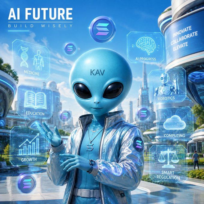 A futuristic AI-themed graphic featuring a blue alien-like figure with "KAV" on its forehead, surrounded by holographic icons labeled "AI FUTURE," "MEDICINE," "EDUCATION," "AI PROGRESS," "GROWTH," "ROBOTICS," "COMPUTING," and "SMART REGULATION," with the tagline "BUILD WISELY" and "INNOVATE COLLABORATE ELEVATE."