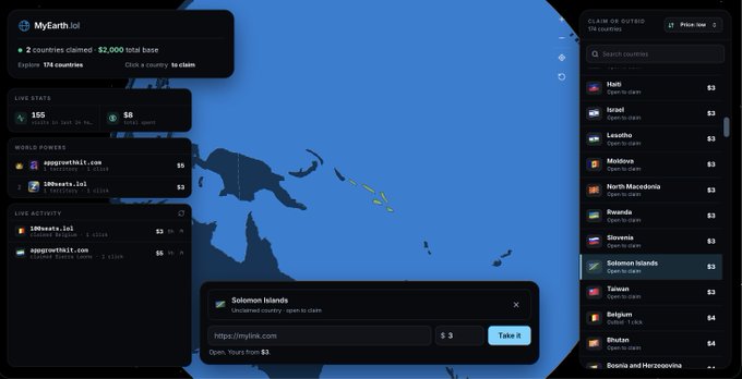 A screenshot of the MyEarth.io website interface shows a world map with a popup for 'Solomon Islands' listing it as unclaimed for $3, alongside live stats and a list of countries.