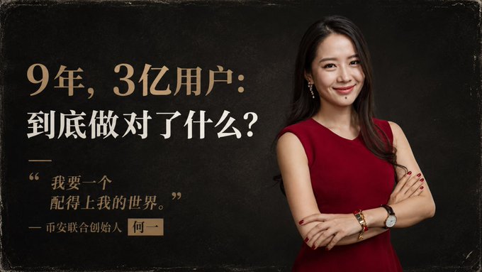 The image features He Yi, co-founder of Binance, posing confidently in a red dress against a dark background, with Chinese text promoting an article titled "9 Years, 300 Million Users: What Exactly Did He Yi Do Right?" alongside her quote "I want a world worthy of me."