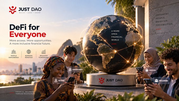 A promotional banner for 'JUST DAO' featuring the tagline 'DeFi for Everyone' and 'A MORE OPEN FINANCIAL WORLD', depicting a diverse group of people using smartphones around a glowing digital globe.