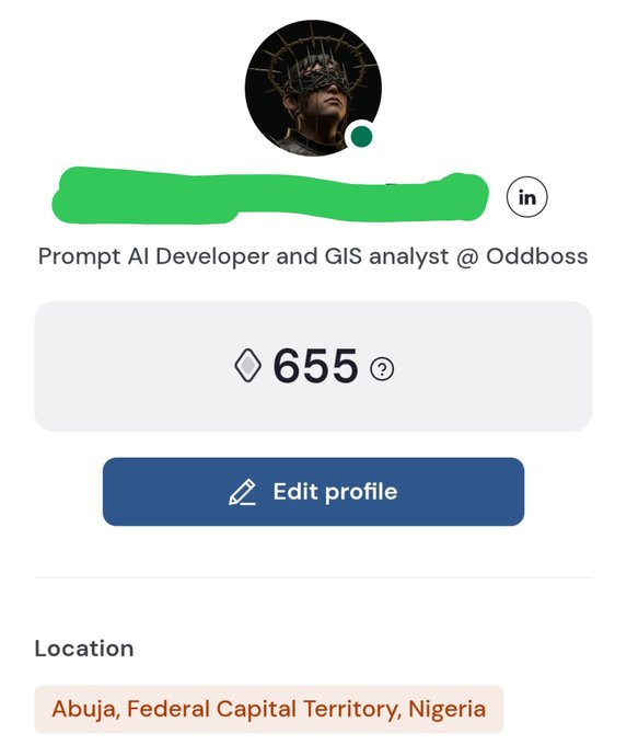 A GitHub profile screenshot showing a Prompt AI Developer and GIS analyst at Oddboss with 655 contributions, based in Abuja, Federal Capital Territory, Nigeria, illustrating the active development work behind their Arc nanopayment game project.