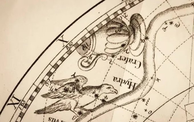 A close-up of an antique celestial map reveals intricate engravings of constellations, labeled 'Aquila' and 'Crater,' along with Roman numerals 'X' and 'XI' on the curved border.