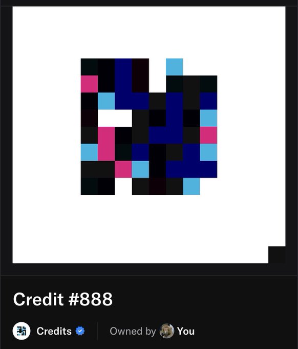 An NFT-style digital artwork labeled "Credit #888" displayed on a dark interface, featuring an abstract pixelated composition of blue, pink, and black blocks, marked as "Owned by You."