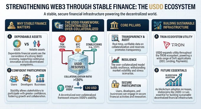 An infographic titled "STRENGTHENING WEB3 THROUGH STABLE FINANCE: THE USDD ECOSYSTEM" details the USDD framework with TRX, BTC, and stablecoin collateralization above 130%, emphasizing transparency, resilience, and secure participation within the TRON ecosystem.