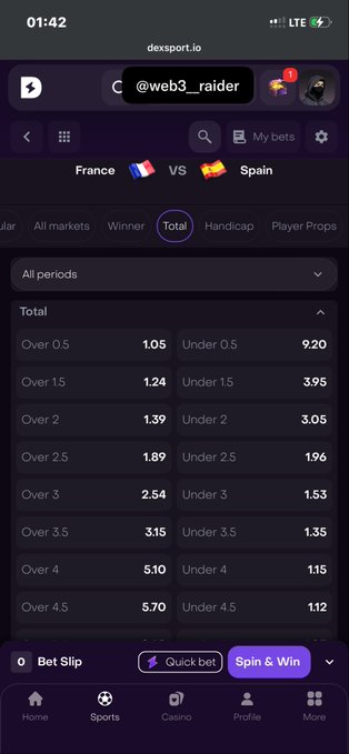A mobile screenshot of the Dexsport.io sportsbook showing the total goals betting market for the France vs Spain match, with "Under 2.5" highlighted at odds of 1.96 alongside other over/under options ranging from 0.5 to 4.5 goals.