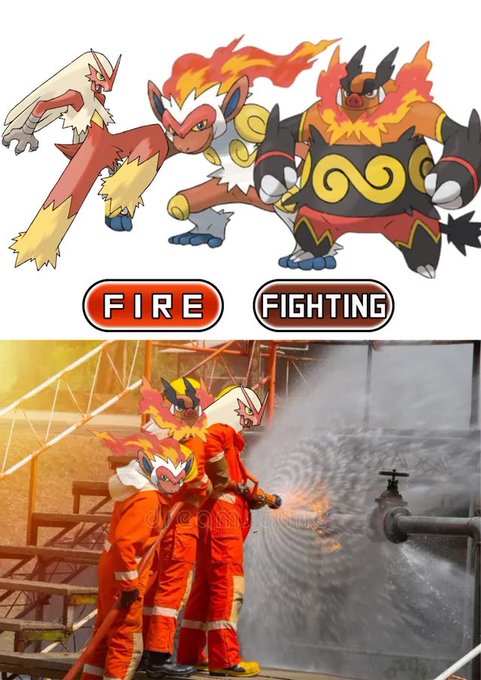 A comparison showing three Fire/Fighting type Pokémon (Blaziken, Infernape, and Emboar) on top and a photo of firefighters spraying water on a fire below.
