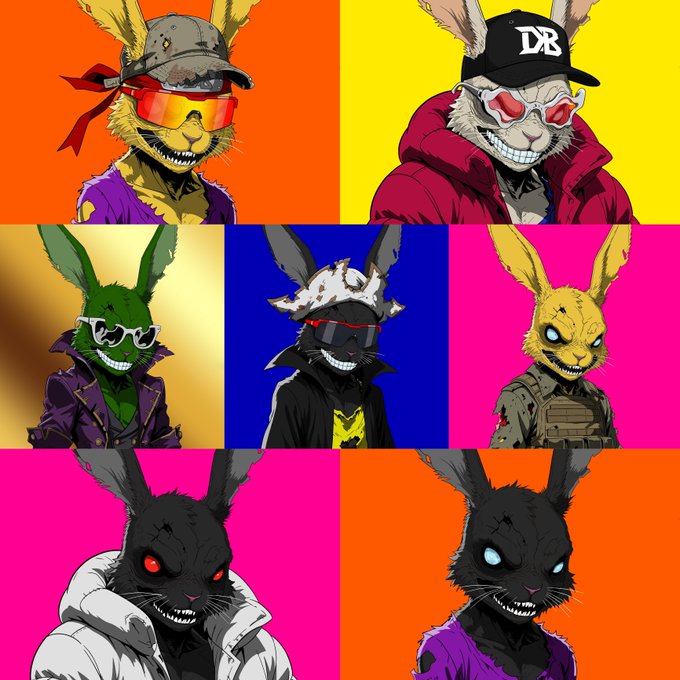 A grid of six stylized illustrations featuring anthropomorphic rabbits wearing streetwear, sunglasses, and hats against brightly colored backgrounds in orange, yellow, blue, and pink.