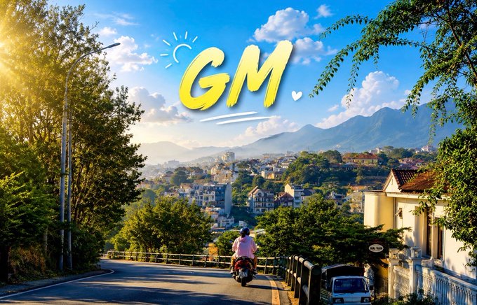 A scenic road with a motorcyclist riding toward a hillside town, overlaid with hand-drawn 'GM' text and a small heart doodle in the sky.
