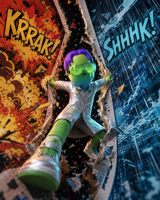 A vibrant comic-book style image shows a 3D character with purple hair and green slime bursting through a wall, surrounded by orange explosion effects reading 'KRRAK!' and blue sound effects reading 'SHHHK!'.