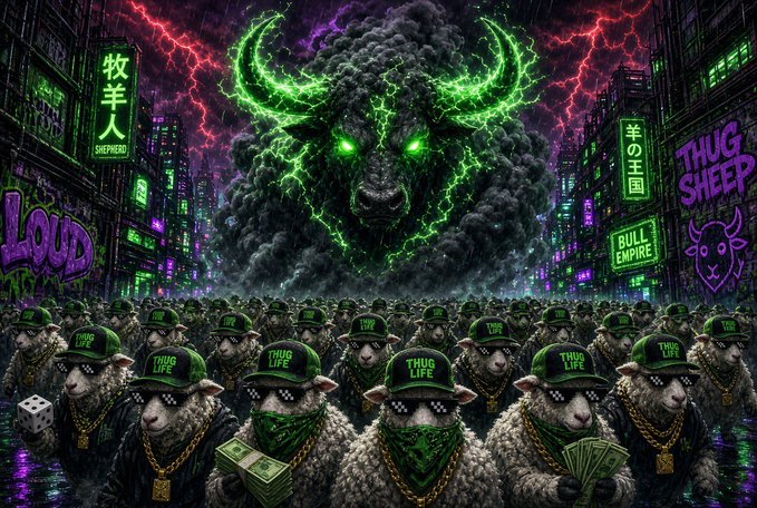 A stylized AI-generated digital artwork depicting an army of sheep wearing 'THUG LIFE' hats, bandanas, and gold chains, set against a neon-lit cityscape with a demonic ram figure in the sky.