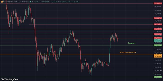 A TradingView candlestick chart for Bitcoin / TetherUS (BTCUSDT) shows price support levels and a line marking the 'Previous cycle ATH' near $69,000.