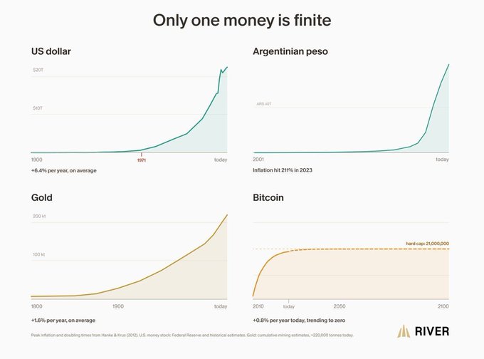 This infographic charts the supply of the US dollar, Argentinian peso, gold, and Bitcoin, showing how only Bitcoin has a hard cap of 21,000,000, supporting the claim that money should be scarce.