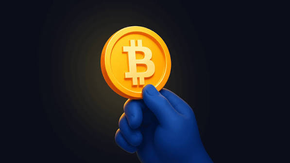 A blue-gloved hand holding up a glowing orange Bitcoin (₿) coin against a dark background.
