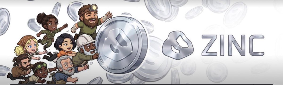 The image features a cartoon-style banner with a group of people holding coins and a silver coin labeled "Zinc" at the bottom right corner, surrounded by circles representing coins scattered throughout the background. The text above the image reads "So you have $ORE which is a project that mixes blockchain data protocol with a game, using gameplay and on chain identity tools to bring people into its ecosystem".
