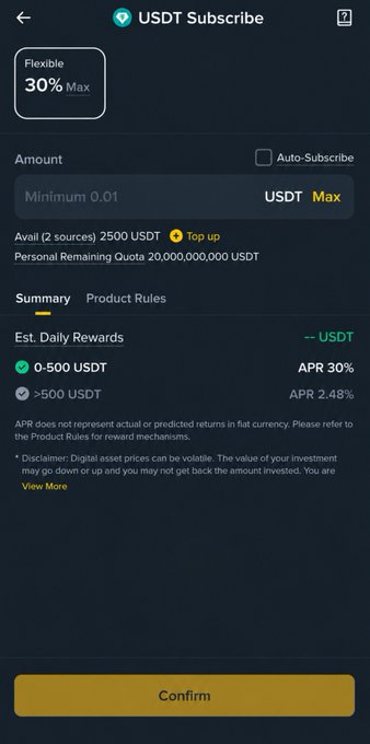 A mobile app screen showing a USDT Subscribe page for a Flexible product with a 30% Max rate, displaying an amount input field, available balance of 2500 USDT, and estimated daily rewards.