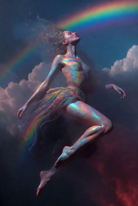 A digital illustration of a woman with iridescent, rainbow-reflective skin and dress floating upward against a cloudy sky with a vivid rainbow arching overhead.