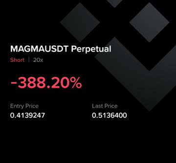 The post displays a trading screenshot showing a short position on MAGMAUSDT Perpetual at 20x leverage, currently sitting at a -388.20% unrealized loss with an entry price of 0.4139247 and last price of 0.5136400. The image reinforces the author's message about maintaining composure and discipline during a drawdown, illustrating a real example of an open losing trade they are choosing not to close emotionally.